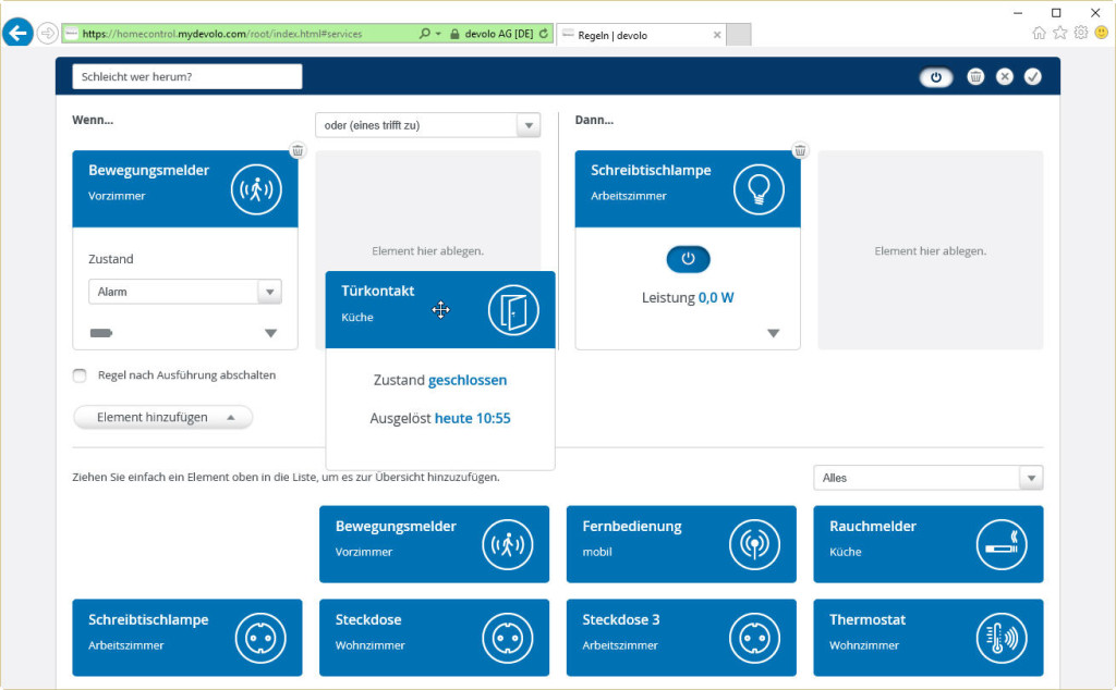 Die Regeln, nach denen das Devolo Home Control System arbeiten soll, werden nach dem Bausteinprinzip erstellt. Ob und wie es dann funktioniert, erfordert allerdings mehrere gründliche Testläufe. 