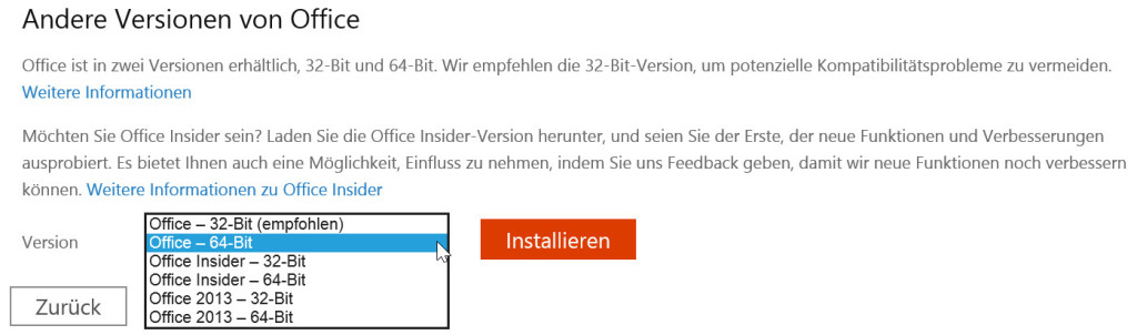 Die Versionsauswahl bei der Office-Installation ist ziemlich versteckt.