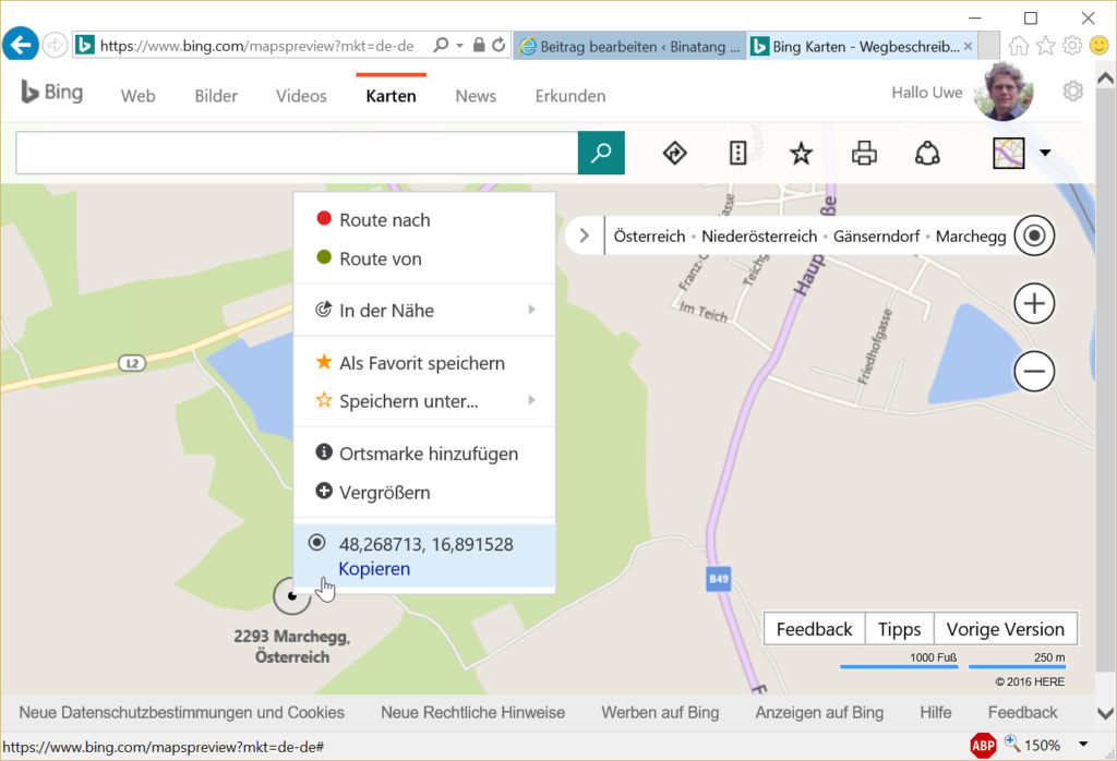 Mit Bing Maps lassen sich ganz einfach die gewünschten Koordinaten ermitteln.